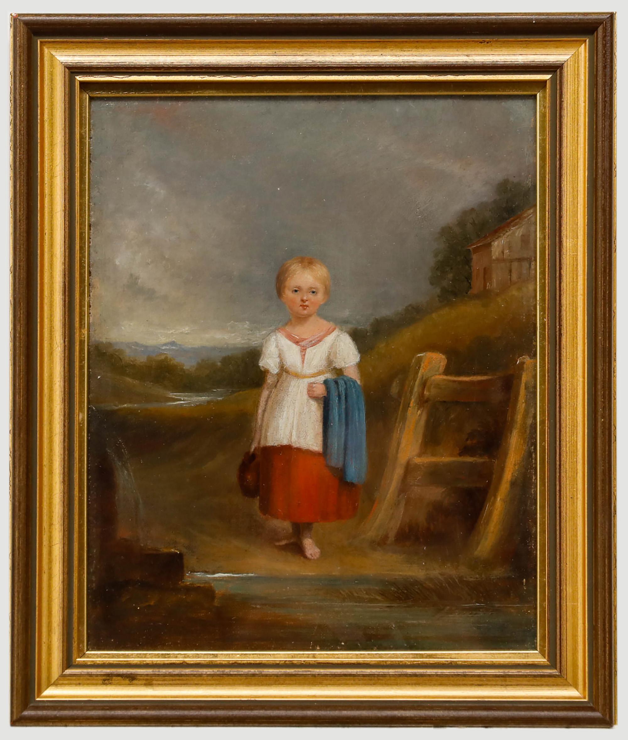 Unknown Portrait Painting – Fine English School 19. Jahrhundert Öl - Porträt eines Mädchens, das Wasser holt