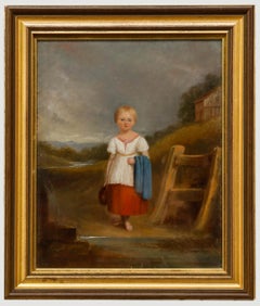 Antique Fine English School 19th Century Oil - Portrait of a Girl Fetching Water