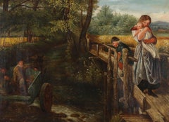 Huile de l'école anglaise du milieu du 19ème siècle - Crossing The RIver
