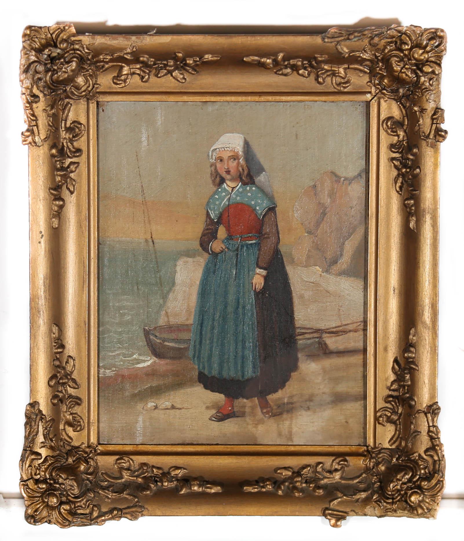 A delightful study of a young woman standing on the rocky shoreline. The artist captures the woman in a folk style, with charmingly naïve features and brightly coloured clothing. Unsigned. Presented in a gilt frame with foliate details to the