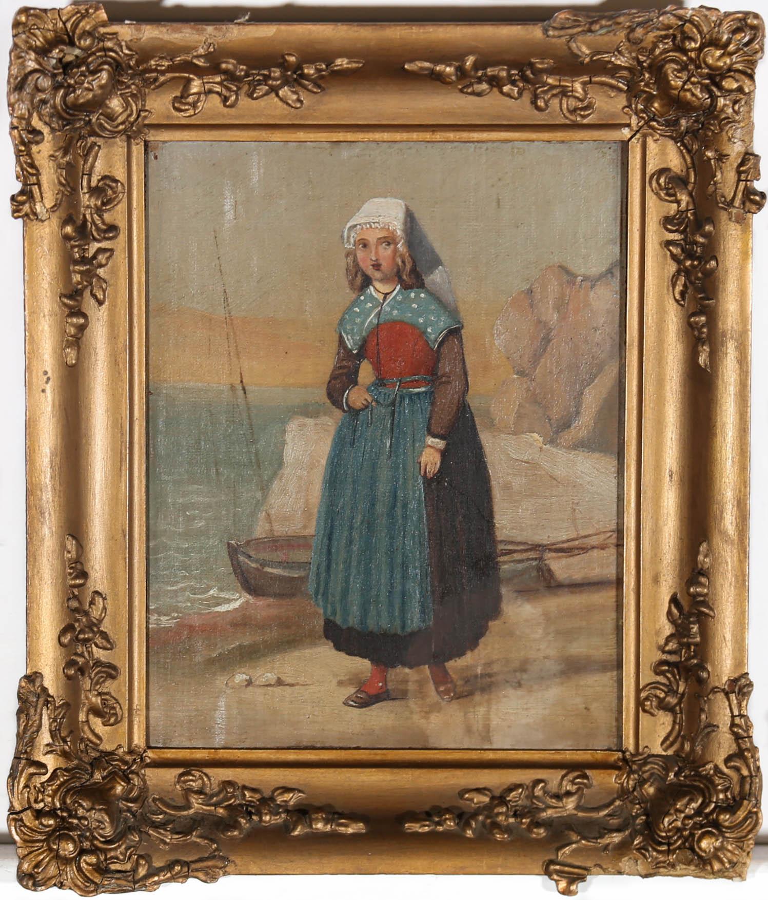 Unknown Figurative Painting - Fine Framed 19th Century Oil - Fisherman's Daughter