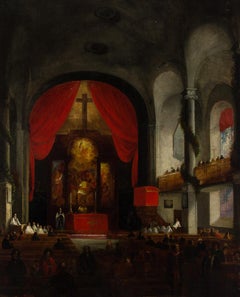 Fine Framed Early 19th Century Oil - American Church Interior at Christmas