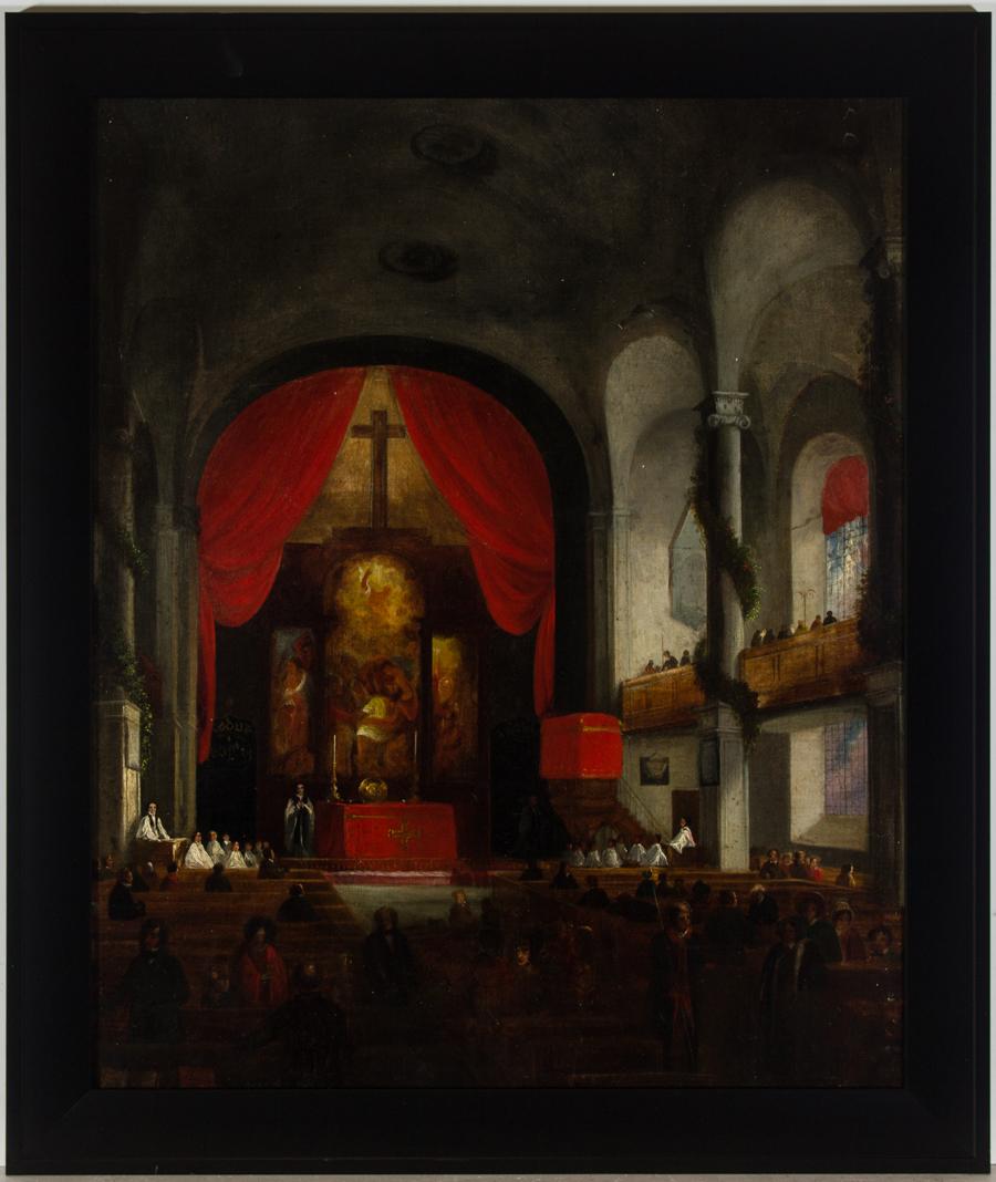 Unknown Figurative Painting - Fine Framed Early 19th Century Oil - American Church Interior at Christmas