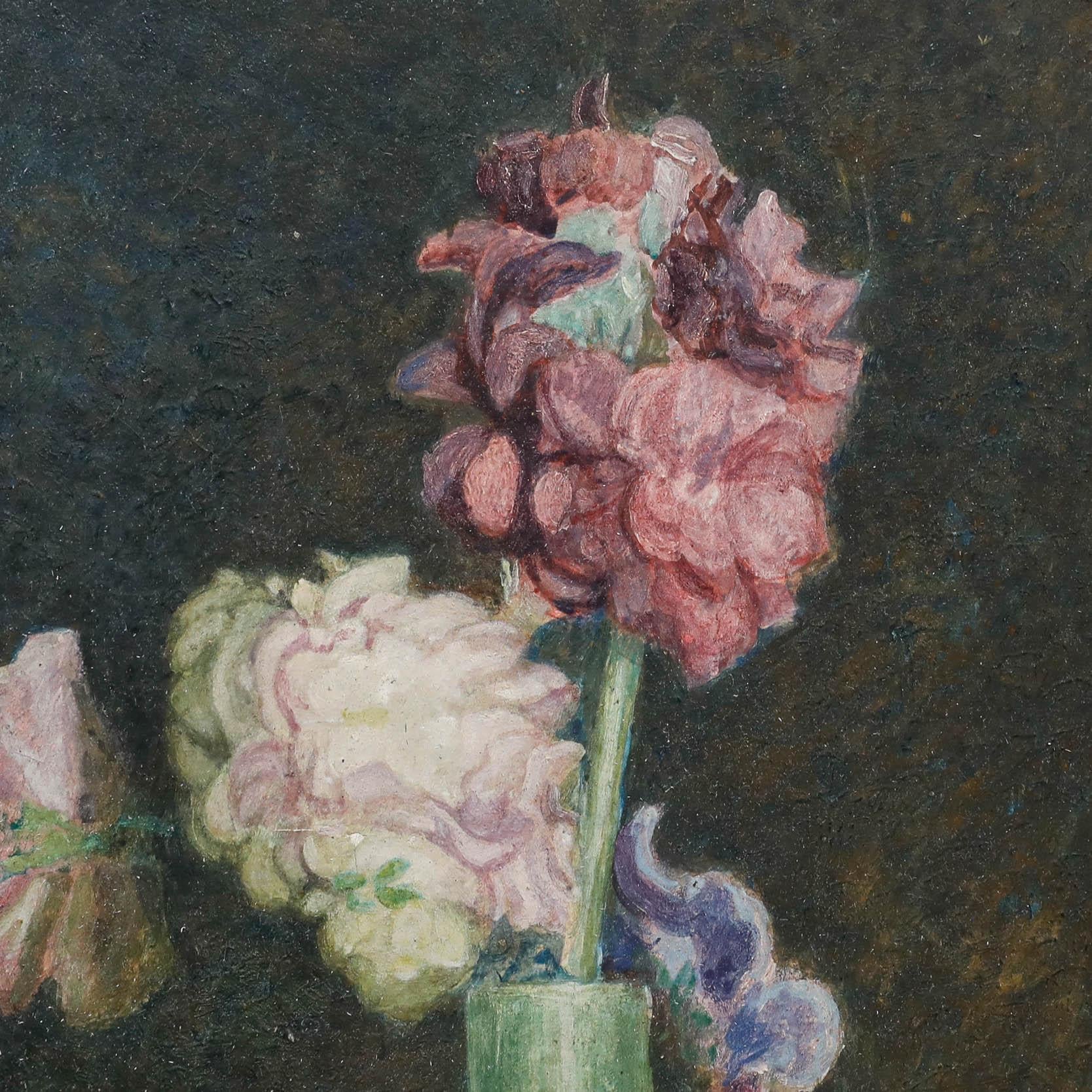 Fine Framed Early 20th Century Oil - Chrysanthemums & Irises - Black Still-Life Painting by Unknown