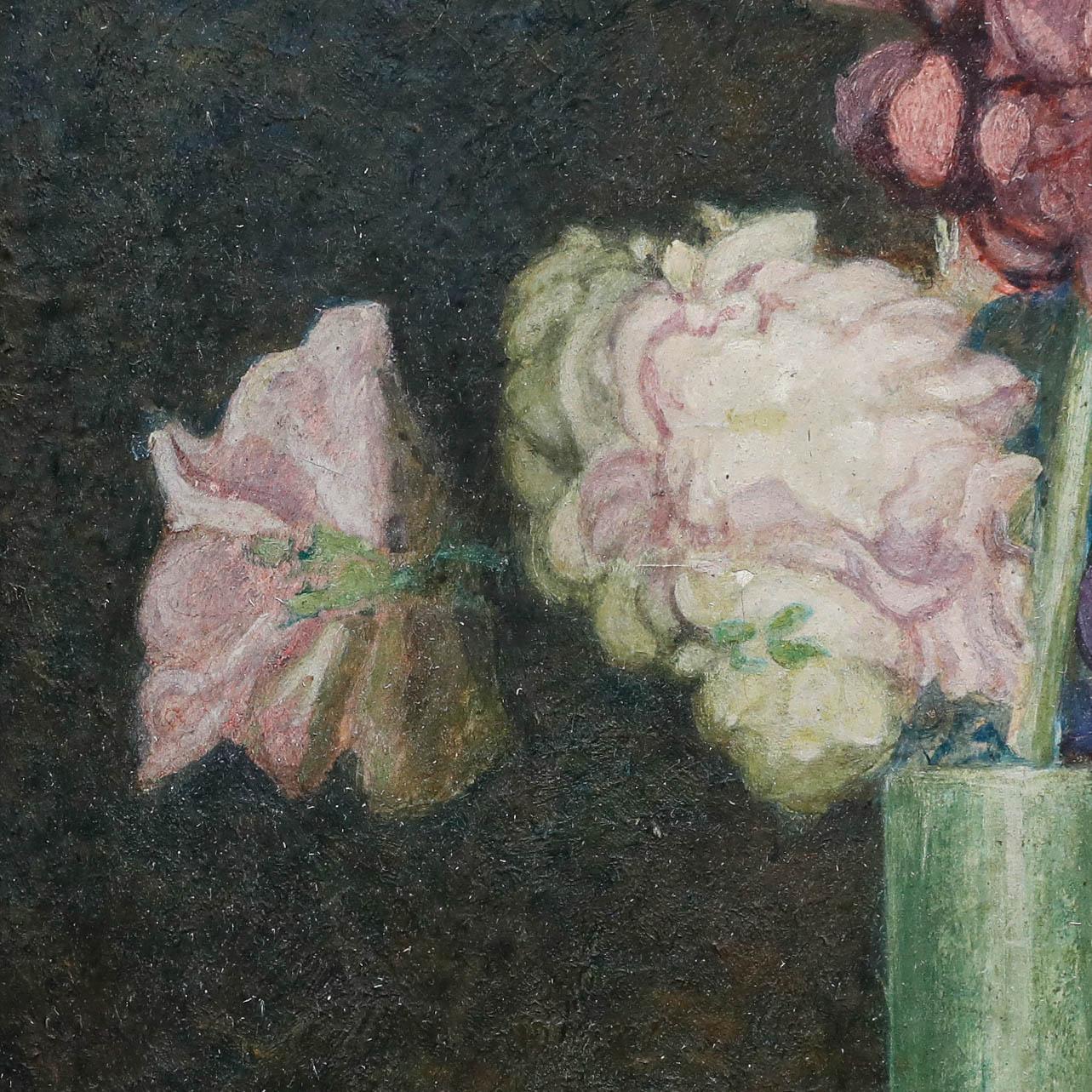 This intimate still life painting captures a delicate arrangement of pastel-hued flowers in an Art Nouveau vase. The soft, muted tones and loose brushwork create a dreamy atmosphere, evoking the fleeting beauty of a quiet moment frozen in time.