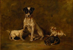 Fine Framed Early 20th Century Oil - Jack Russell & Puppies