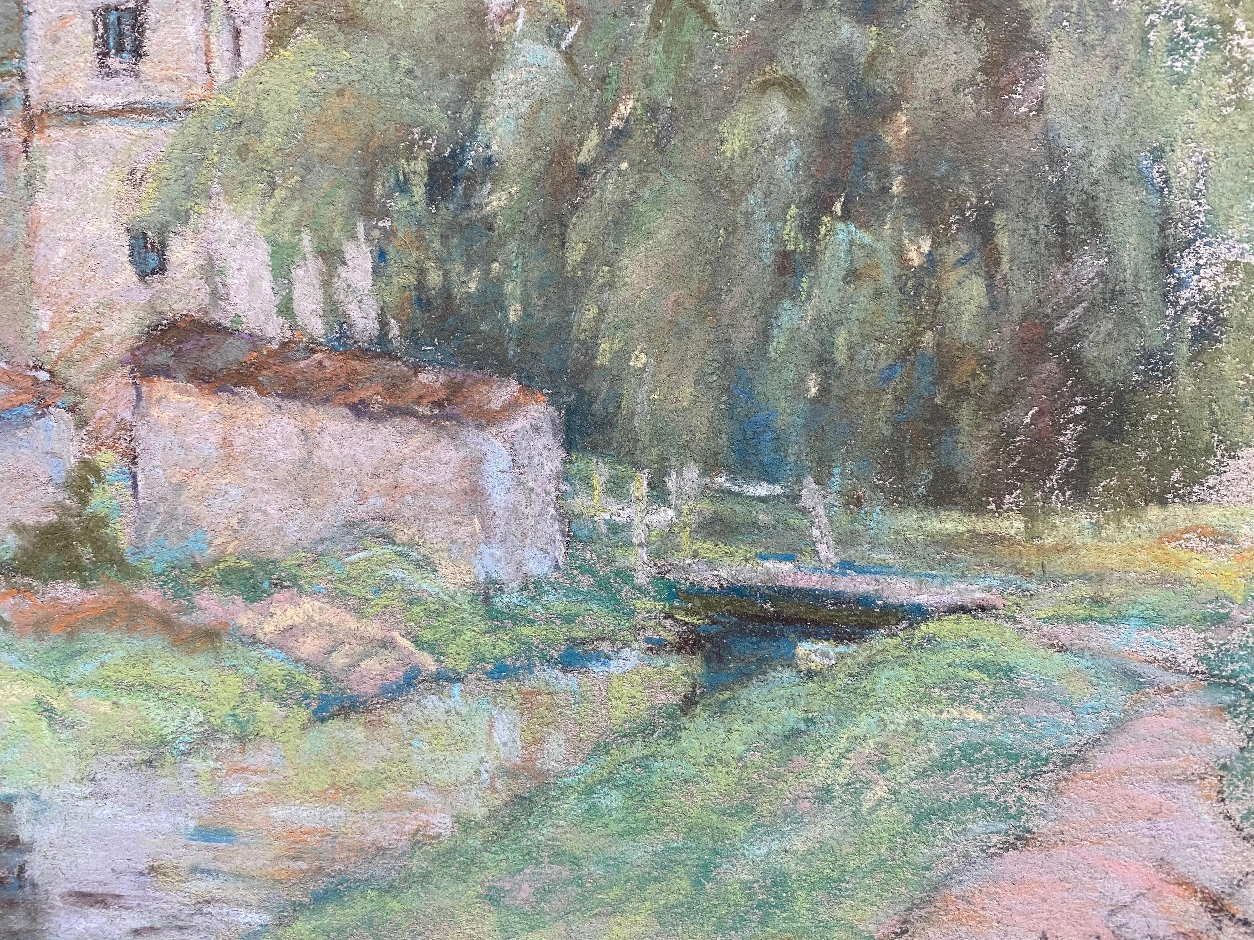 Fino Pastel Impresionista Francés, Campo Aldea Carril Río y Árboles en venta 1
