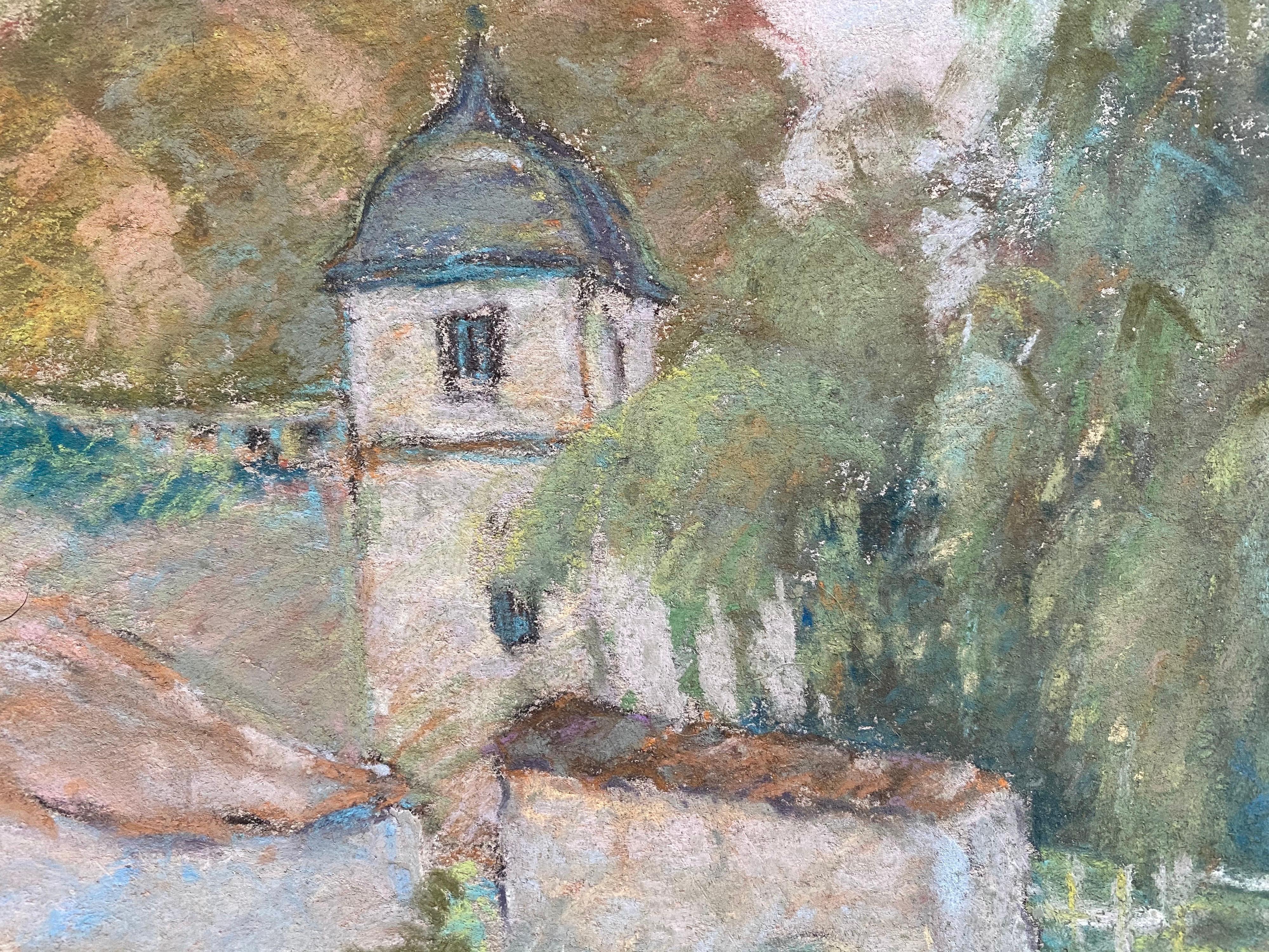 Fino Pastel Impresionista Francés, Campo Aldea Carril Río y Árboles en venta 4
