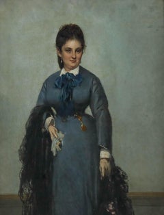 Huile sur toile de l'école française de la fin du XIXe siècle - Portrait d'une dame en bleu