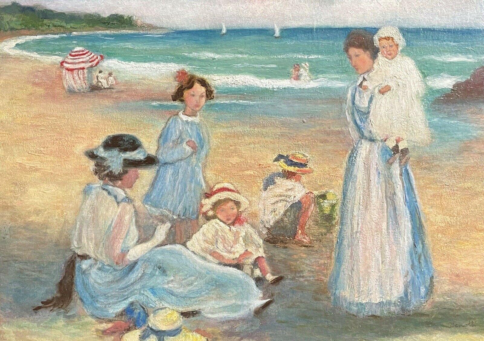 FINE FRENCH SIGNED OIL - ELEGANT FAMILY ENJOYING DAY ON THE BEACH - GILT FRAMED - Painting by Unknown