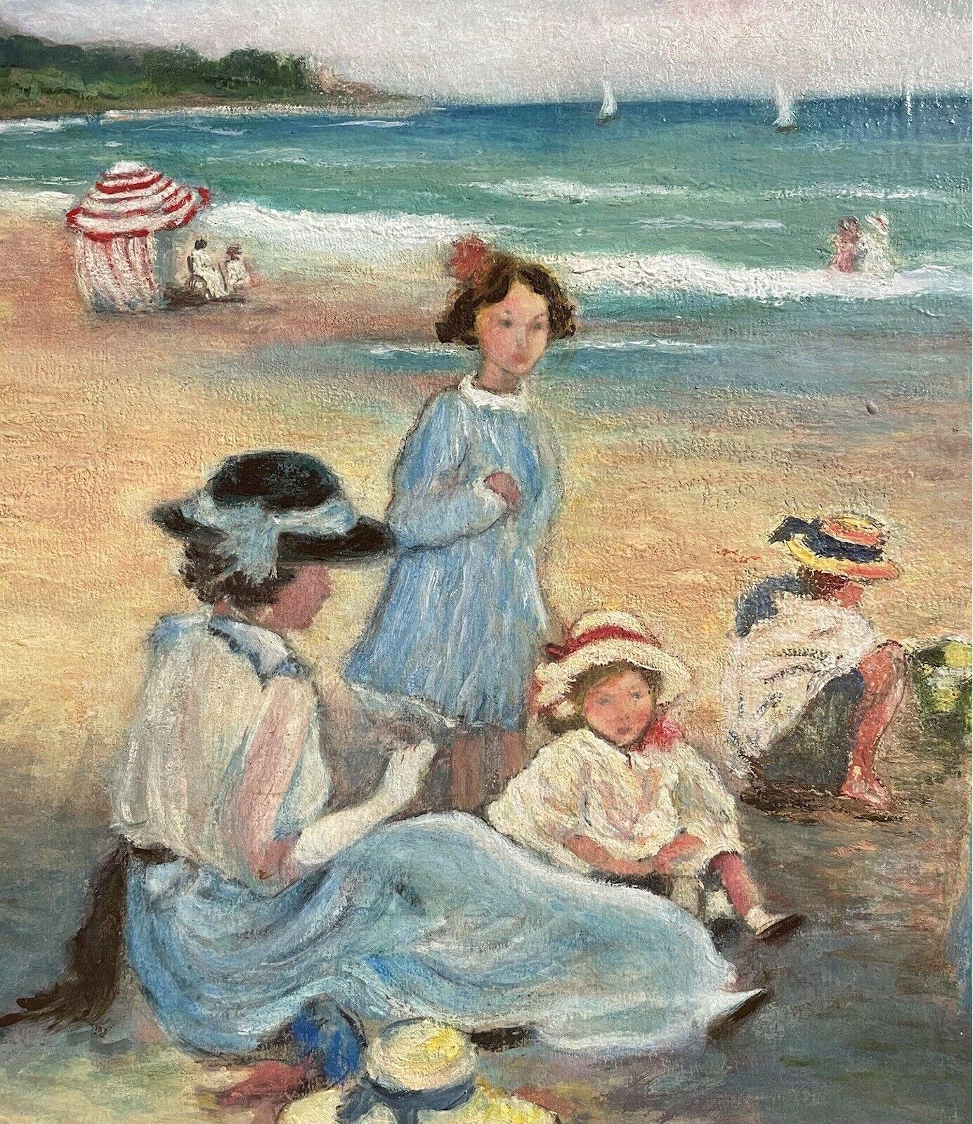 FINO ÓLEO FRANCÉS FIRMADO - ELEGANTE FAMILIA DISFRUTANDO DE UN DÍA EN LA PLAYA - ENMARCADO DORADO - Painting Impresionista de Unknown