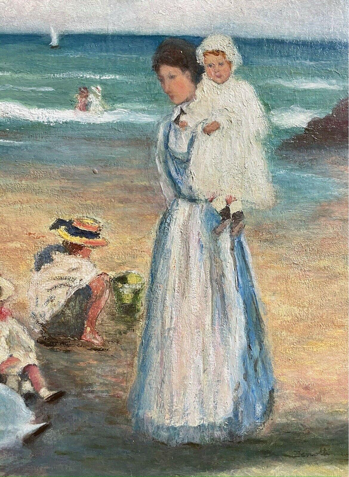 FINO ÓLEO FRANCÉS FIRMADO - ELEGANTE FAMILIA DISFRUTANDO DE UN DÍA EN LA PLAYA - ENMARCADO DORADO - Figurative Painting Marrón de Unknown