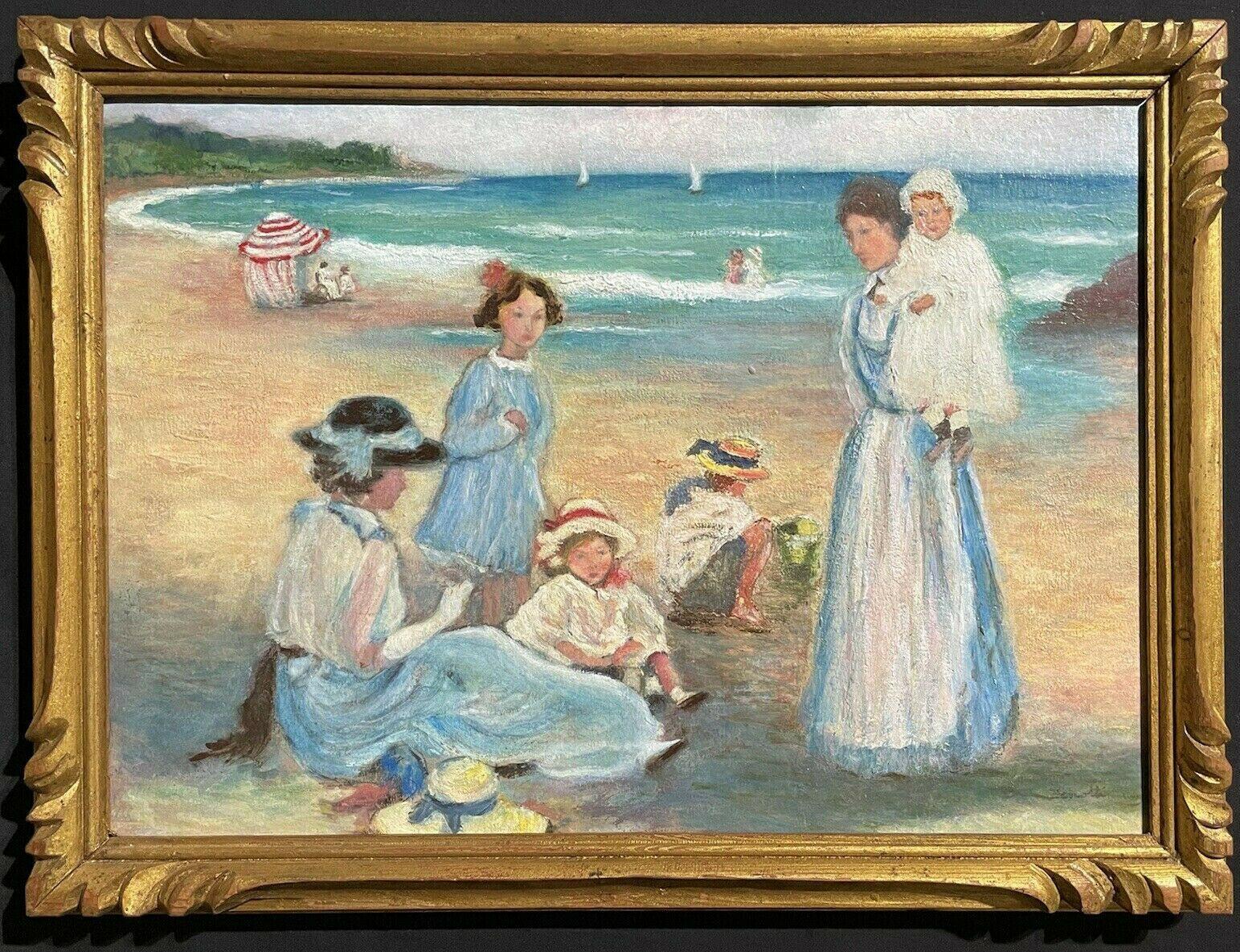 Figurative Painting de Unknown - FINO ÓLEO FRANCÉS FIRMADO - ELEGANTE FAMILIA DISFRUTANDO DE UN DÍA EN LA PLAYA - ENMARCADO DORADO