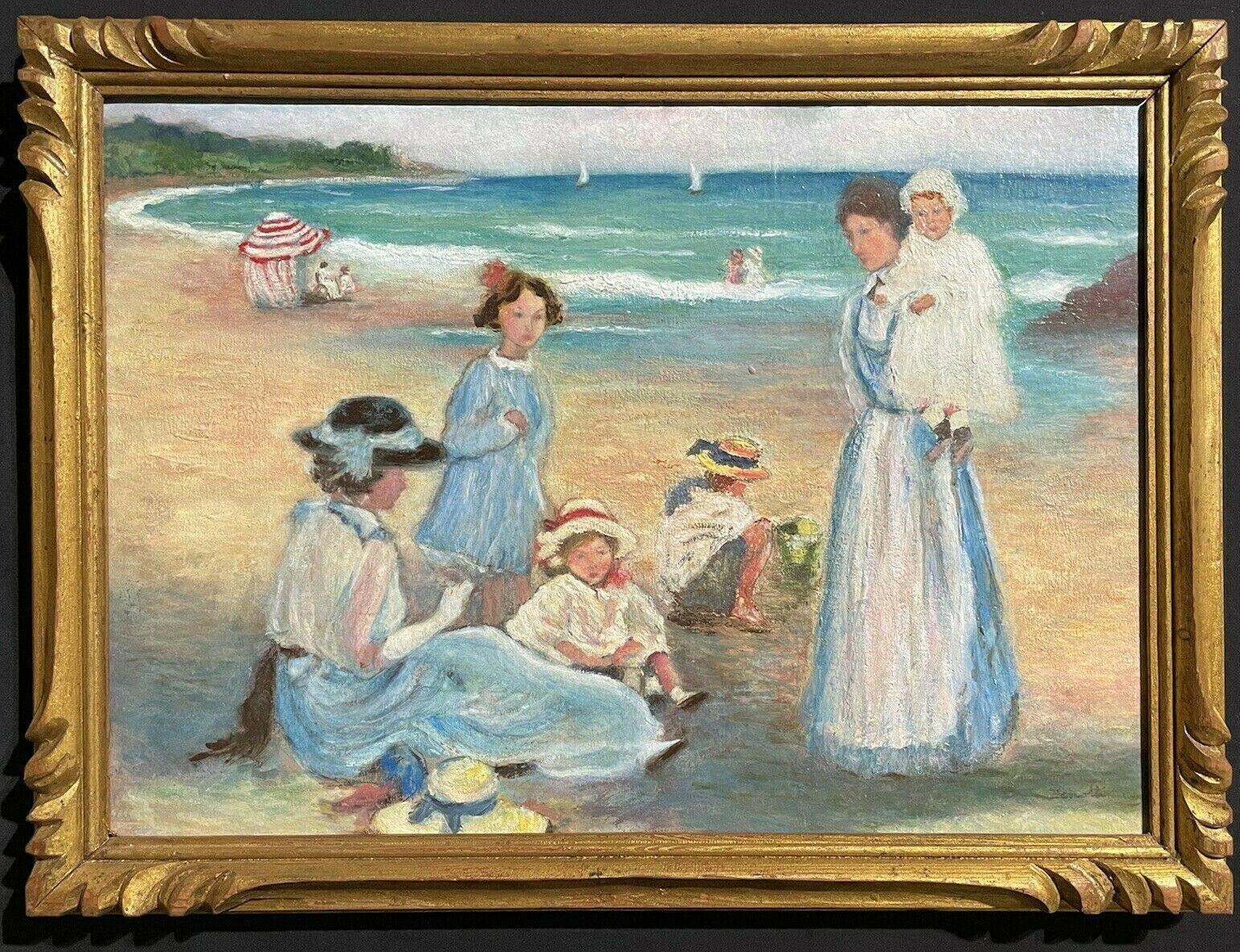 Unknown Figurative Painting - FINE FRENCH SIGNED OIL - ELEGANT FAMILY ENJOYING DAY ON THE BEACH - GILT FRAMED