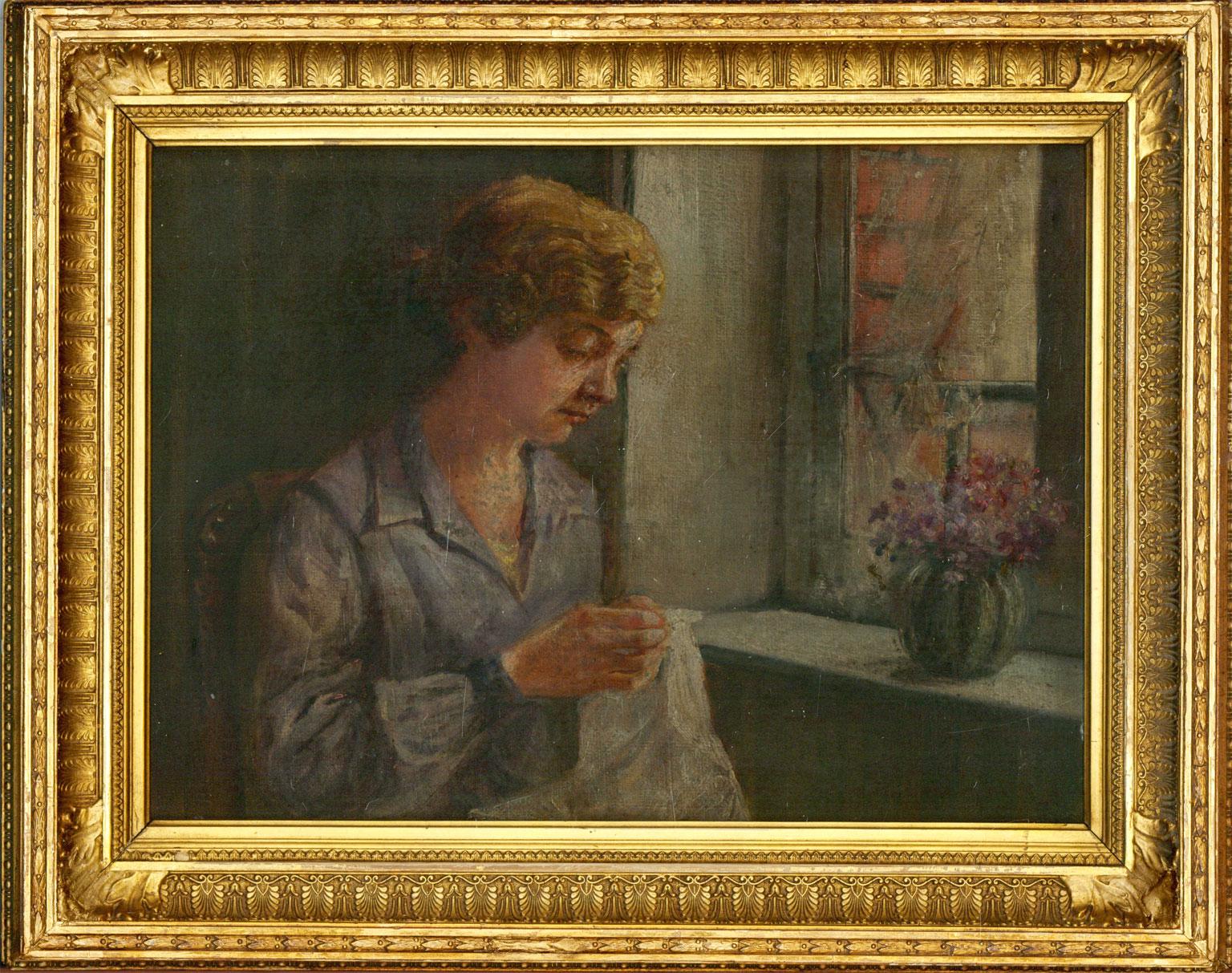 Unknown Portrait Painting - Fine Gilt Framed Early 20th Century Oil - Portrait of a Lady seated by a Window