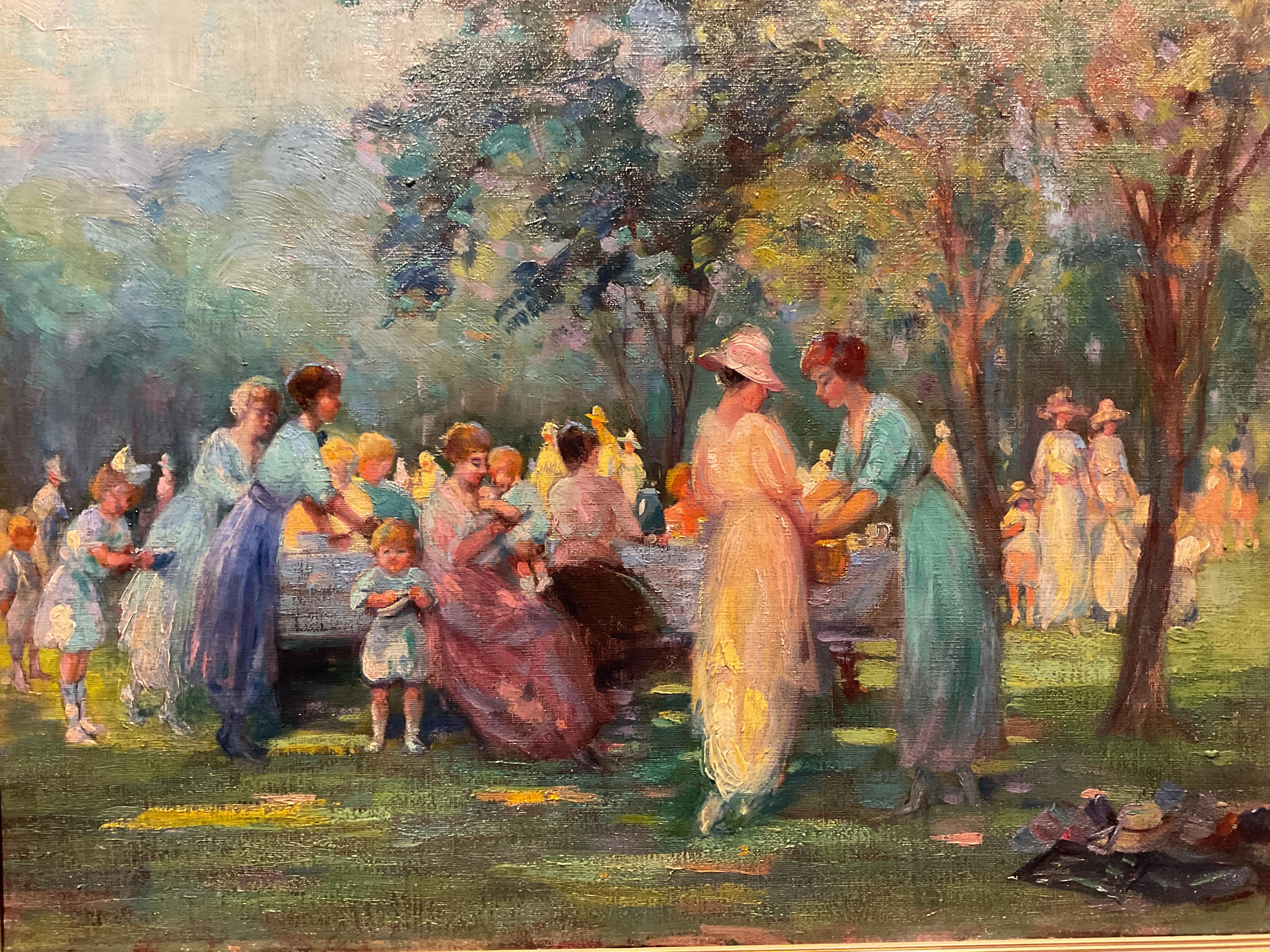 Huile sur toile de l'école impressionniste américaine, Picnic ou sortie familiale, 1925 - Painting de Unknown