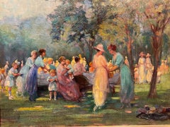 Fine Impressionist American School Oil on Canvas; Family Picnic or Outing, 1925