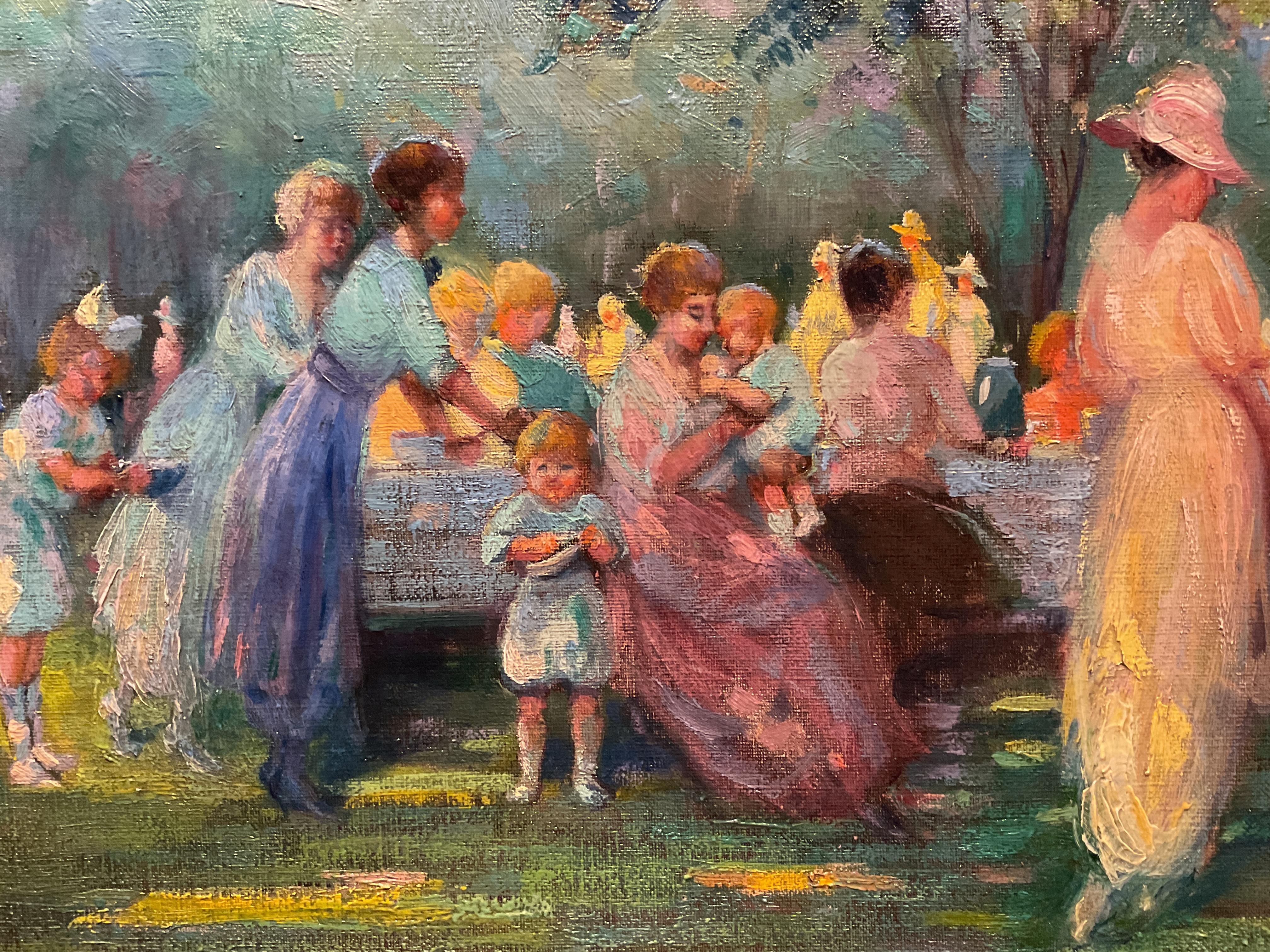 Huile sur toile de l'école impressionniste américaine, Picnic ou sortie familiale, 1925 - Impressionnisme américain Painting par Unknown