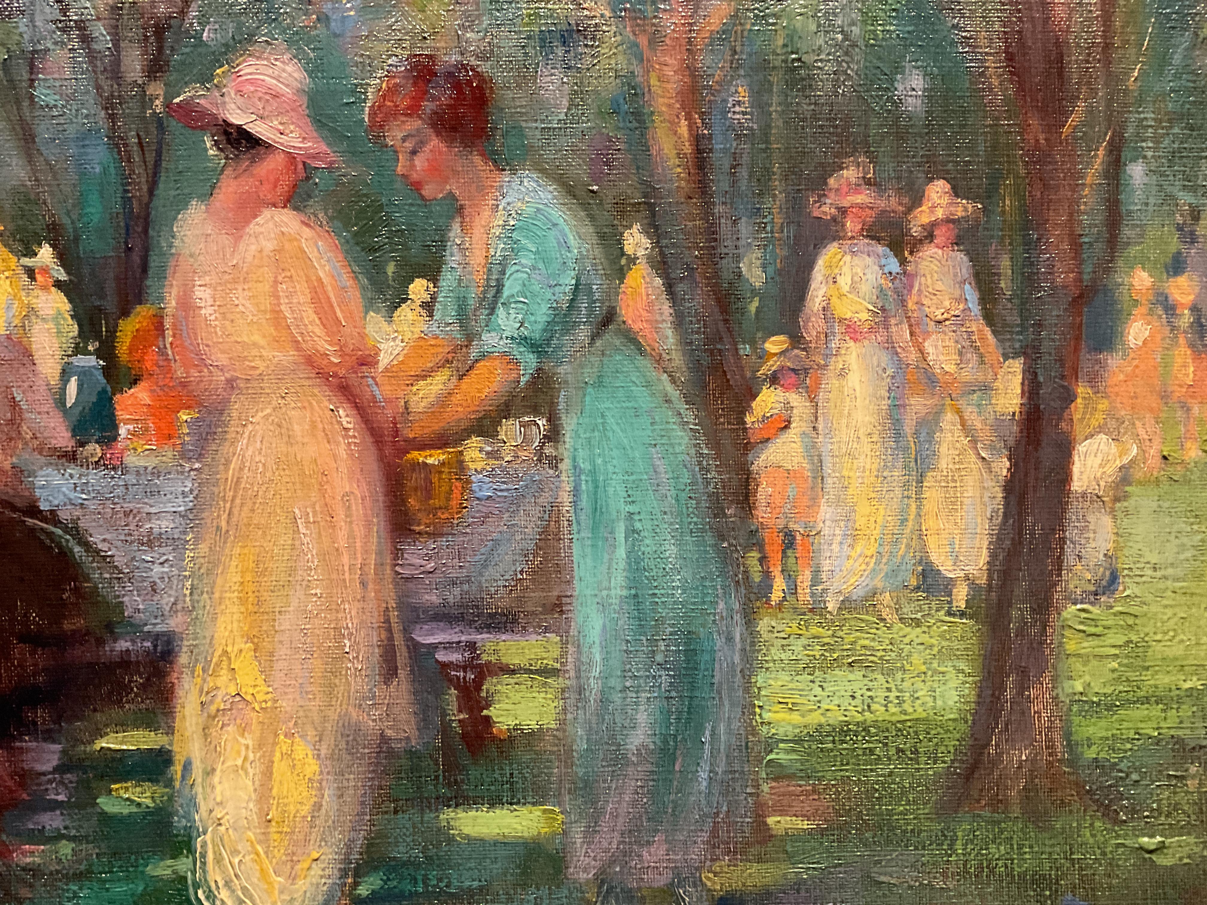 This lovely impressionist painting portrays what appears to be a family outing or picnic.  There are many beautifully dressed women with their children in a park setting.  Oddly, what appears to be missing are men, or their husbands.  Perhaps it’s a