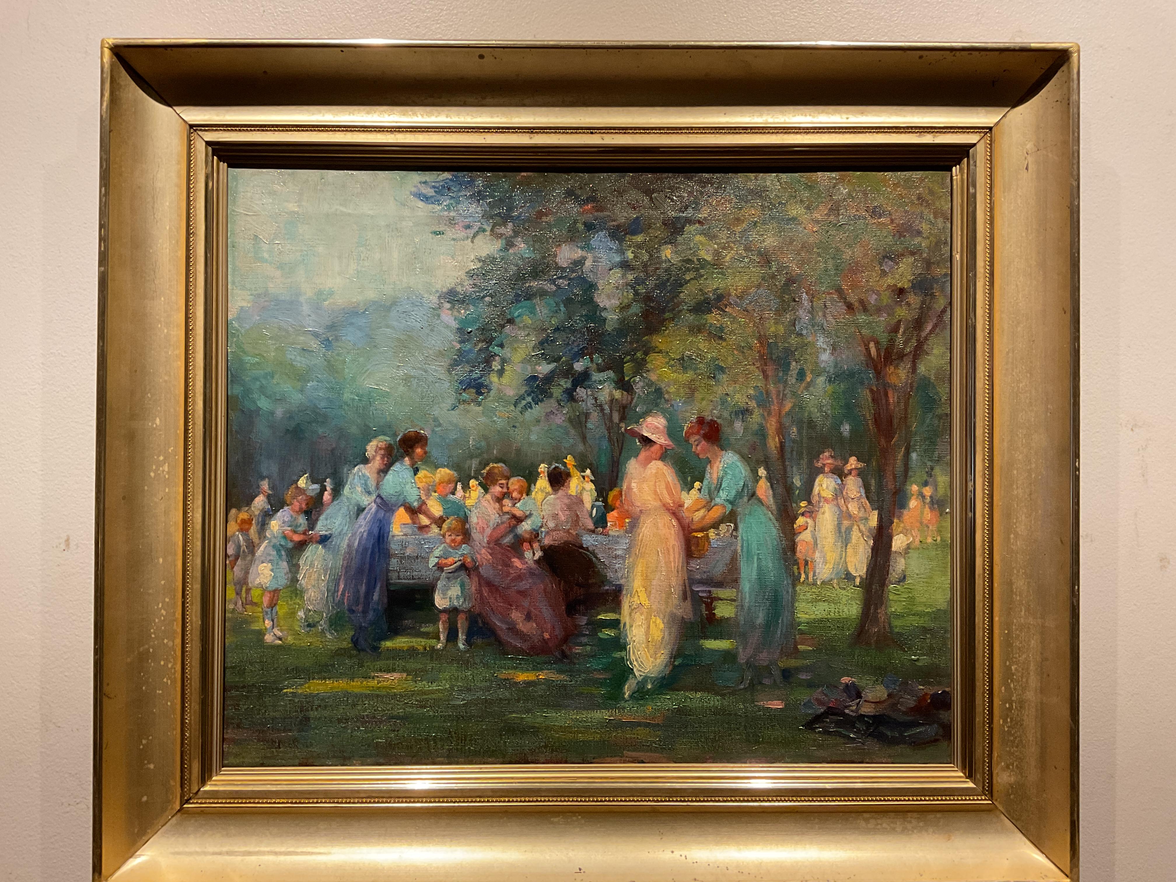 Figurative Painting Unknown - Huile sur toile de l'école impressionniste américaine, Picnic ou sortie familiale, 1925