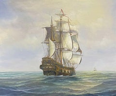 FINE MARITIME SIGNED OIL PAINTING - CLASSIC THREE MAST SAILING SHIP AT SEA