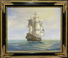 FINE MARITIME SIGNED OIL PAINTING - CLASSIC THREE MAST SAILING SHIP AT SEA