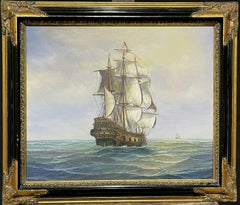 Vintage FINE MARITIME SIGNED OIL PAINTING - CLASSIC THREE MAST SAILING SHIP AT SEA 