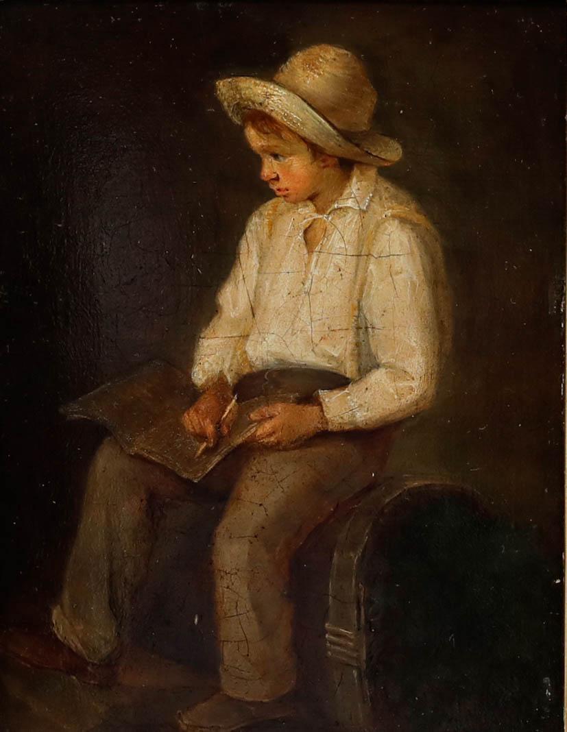 Huile sur toile du milieu du 19e siècle - Garçon en réflexion - Painting de Unknown