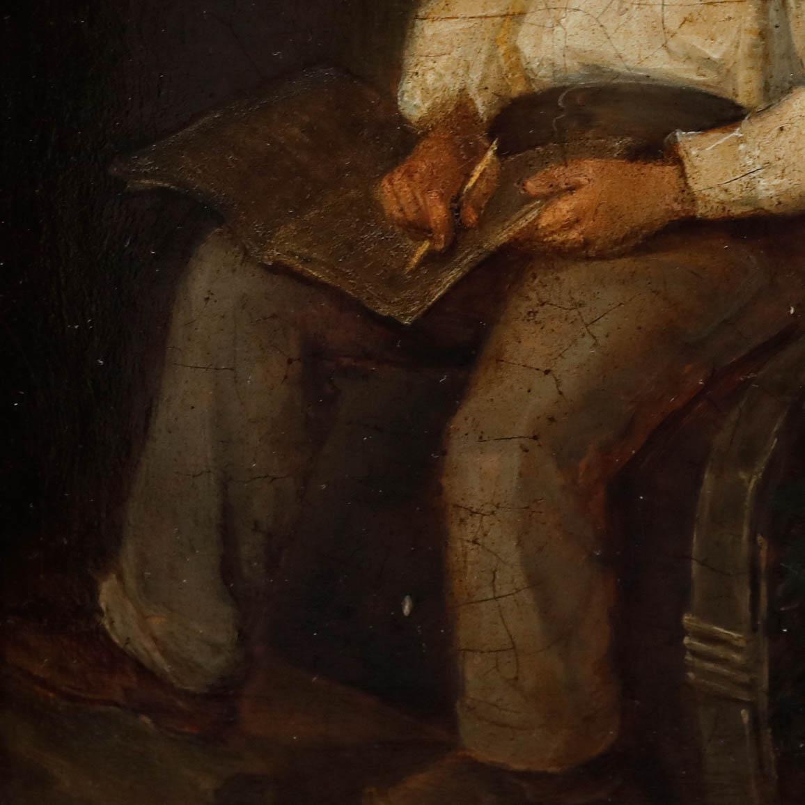 Une belle huile du 19e siècle représentant un jeune garçon, un livre d'école à la main, plongé dans ses pensées. L'artiste a rendu le garçon avec des détails impressionnants alors qu'il se détache illuminé sur un fond sombre. Non signée. Bien