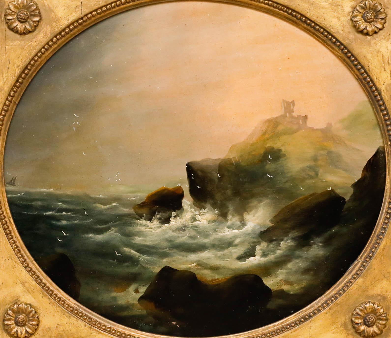 Schönes Öl aus der Mitte des 19. Jahrhunderts - Ruine an der Küste im Sturm – Painting von Unknown