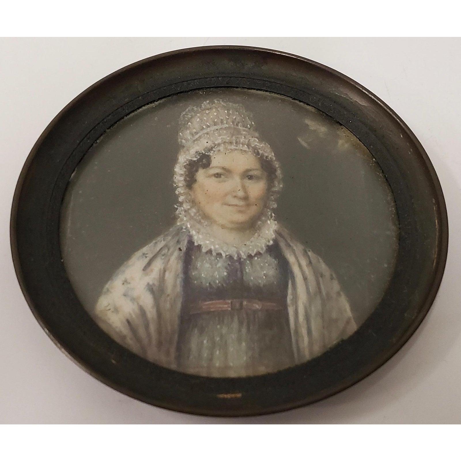 Fine Mid 19th Century Portrait Miniature of a Woman Wearing a Lace Bonnet - Painting by Unknown