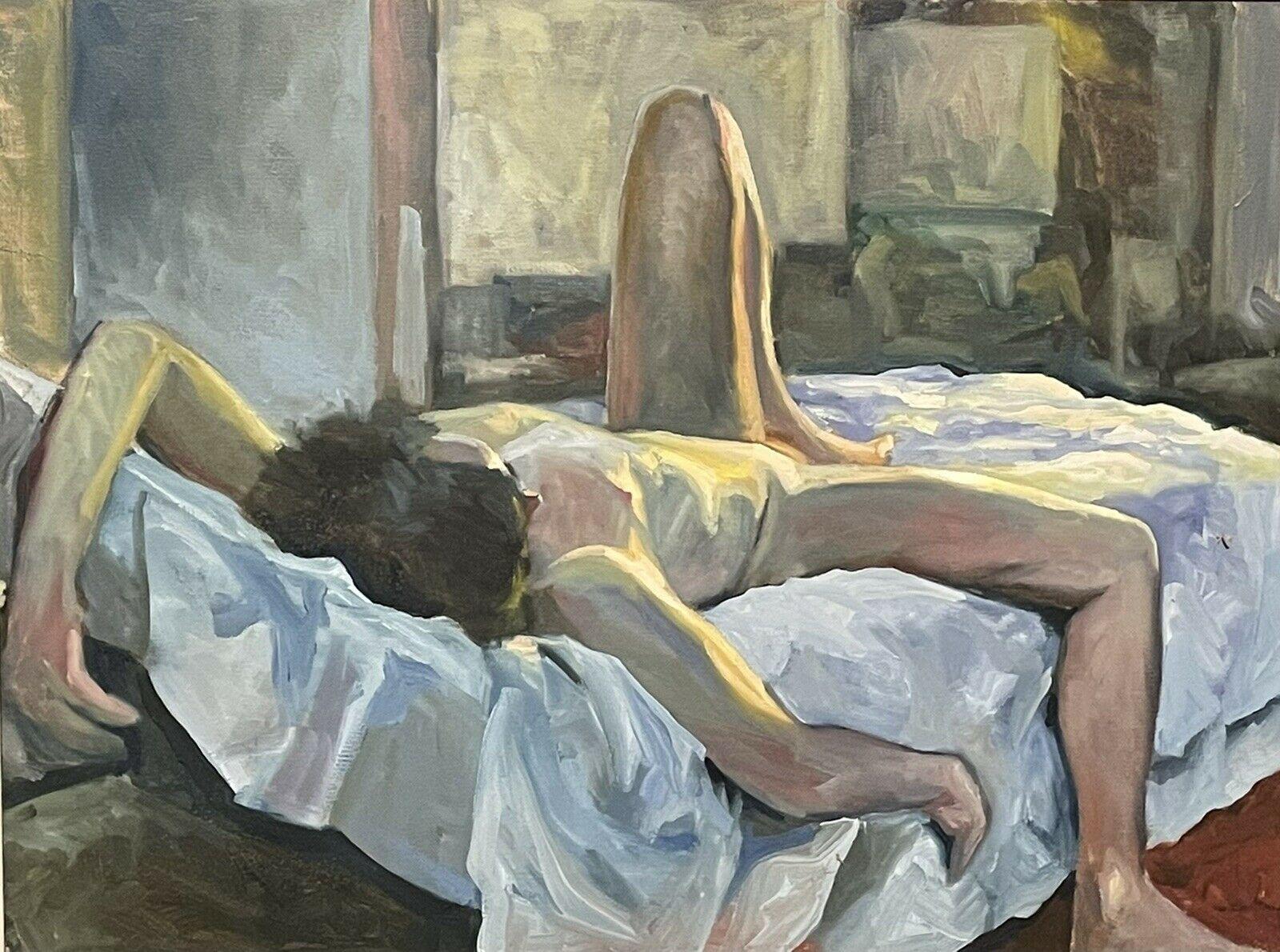 Fine Modern British Large Oil Reclining Nude on Bed Dappled Light - Beautiful - Painting by Unknown