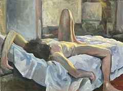 Belle peinture à l'huile britannique moderne de grande taille représentant un nu couché sur un lit et une lumière ondulée - Magnifique