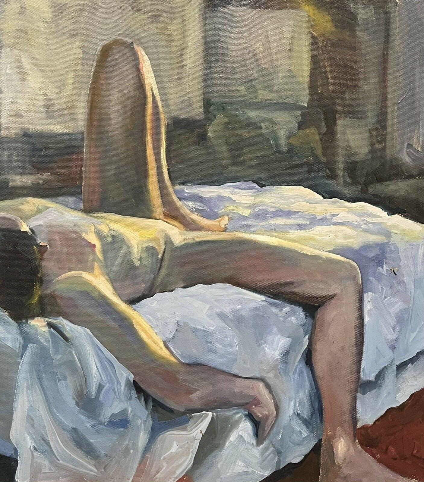 Fine Modern British Large Oil Reclining Nude on Bed Dappled Light - Beautiful - Impressionist Painting by Unknown
