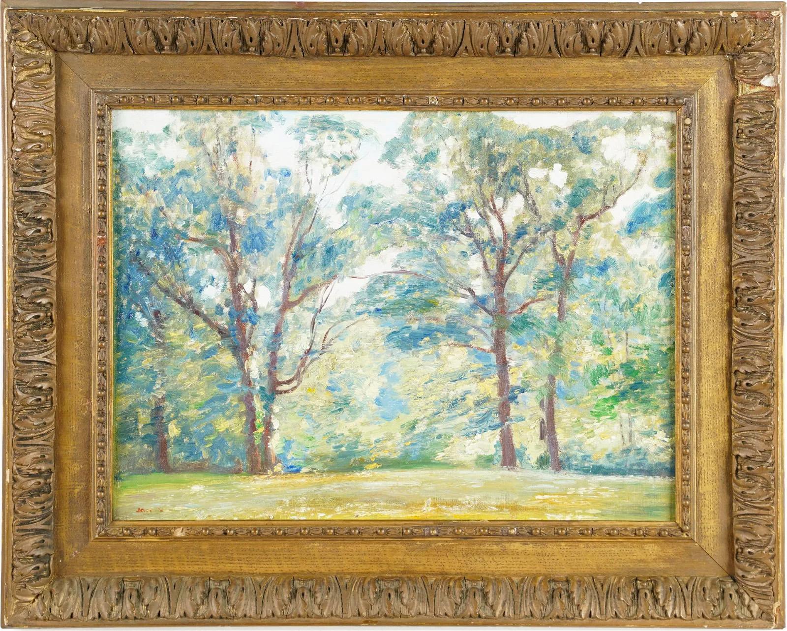 Very finely painted American impressionist landscape painting.  Housed in a great period impressionist frame.  Partial signature remains lower left.  Has the feel of an important piece!  Oil on board.  Framed.  Image size, 12H x 16L.  Signed