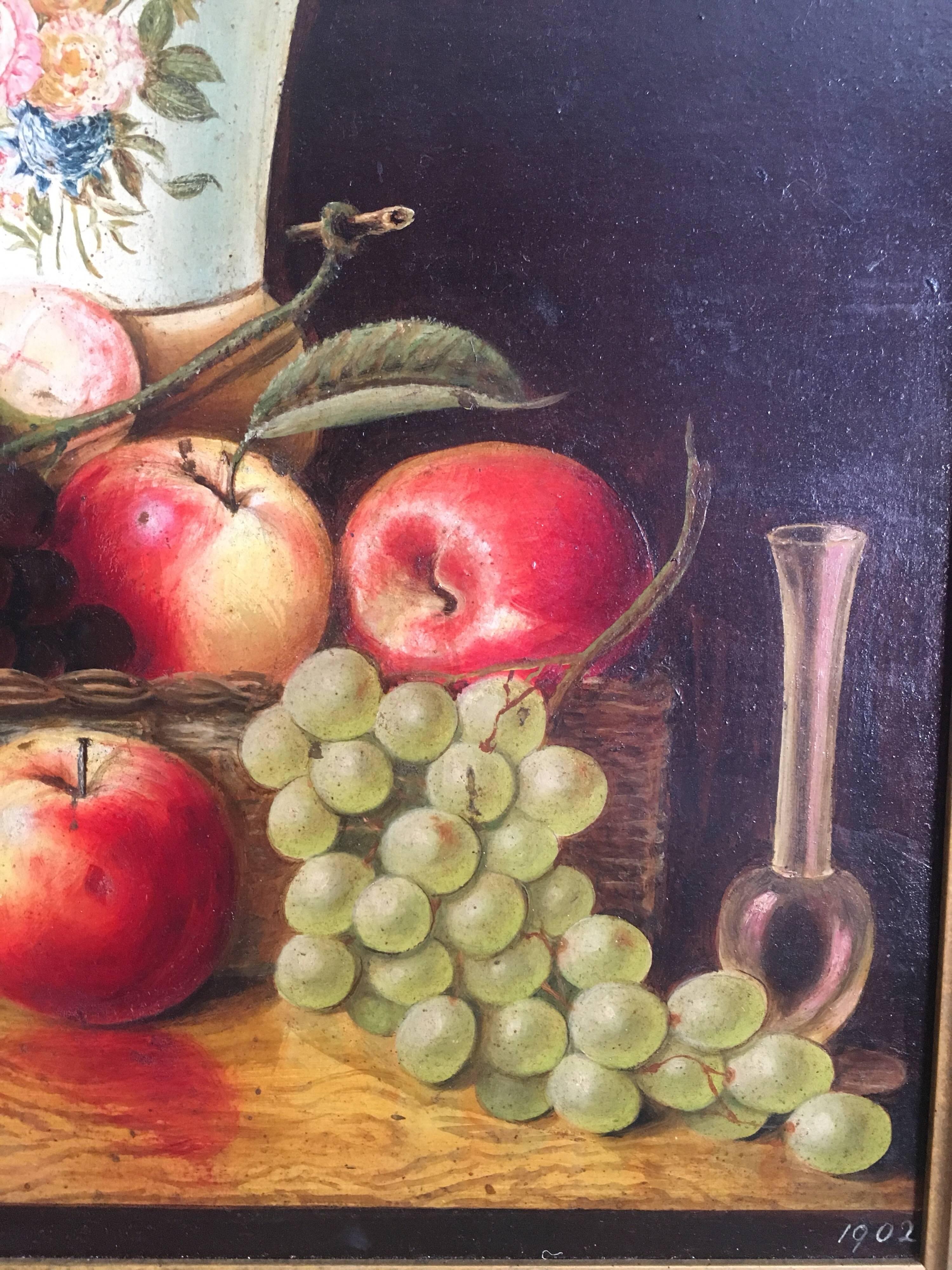 Fine Still Life Fruit 
English School, Early 20th Century 
Oil painting on board, framed
Dated '1902' on the lower right corner
Framed size: 25 x 22 inches

Lovely details especially to the vase, to which there is a beautiful flower motif on the