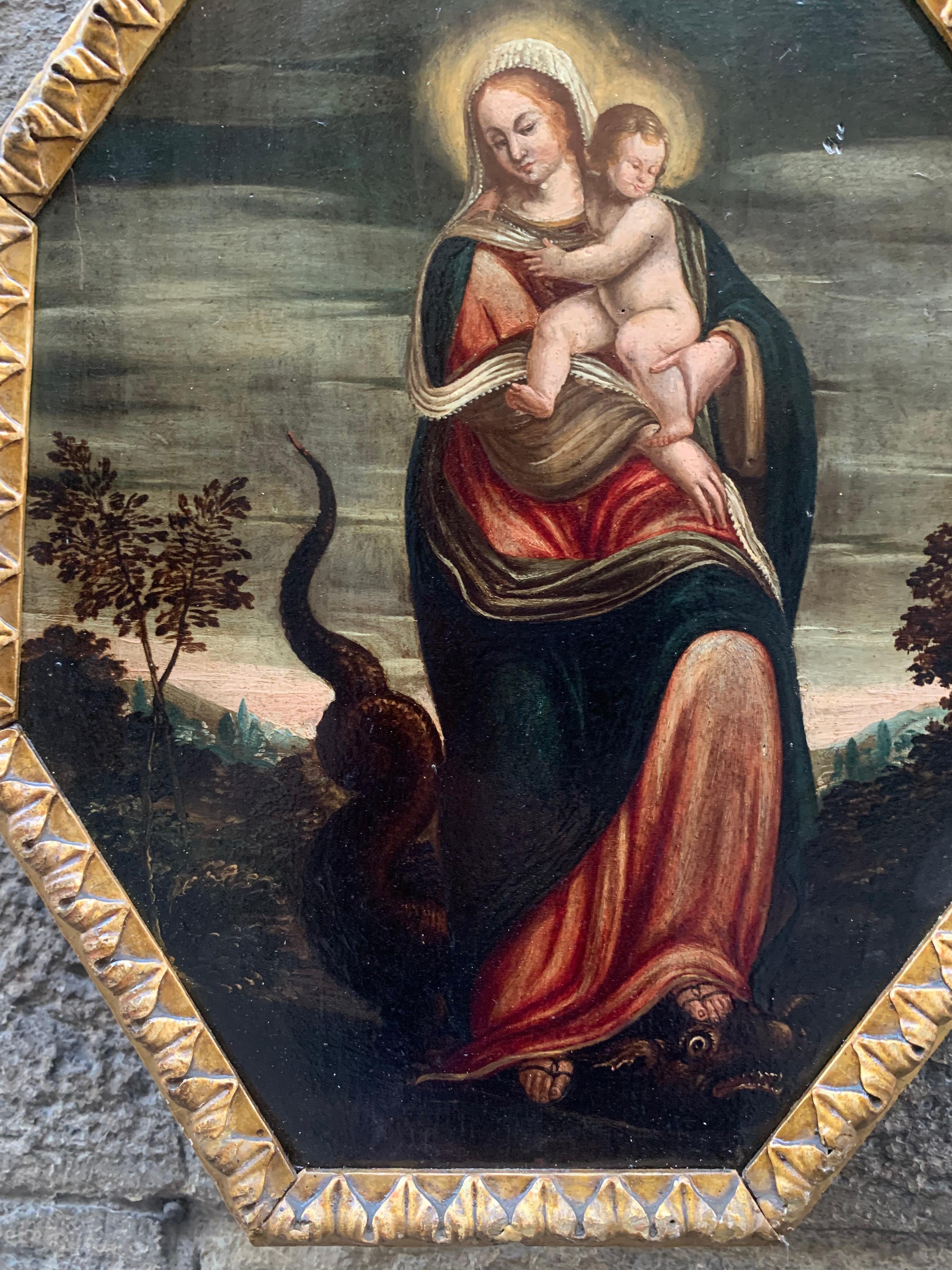 Fine XVI secolo. Immacolata concezione. Vergine con il bambino ed il drago. - Renaissance Painting by Unknown