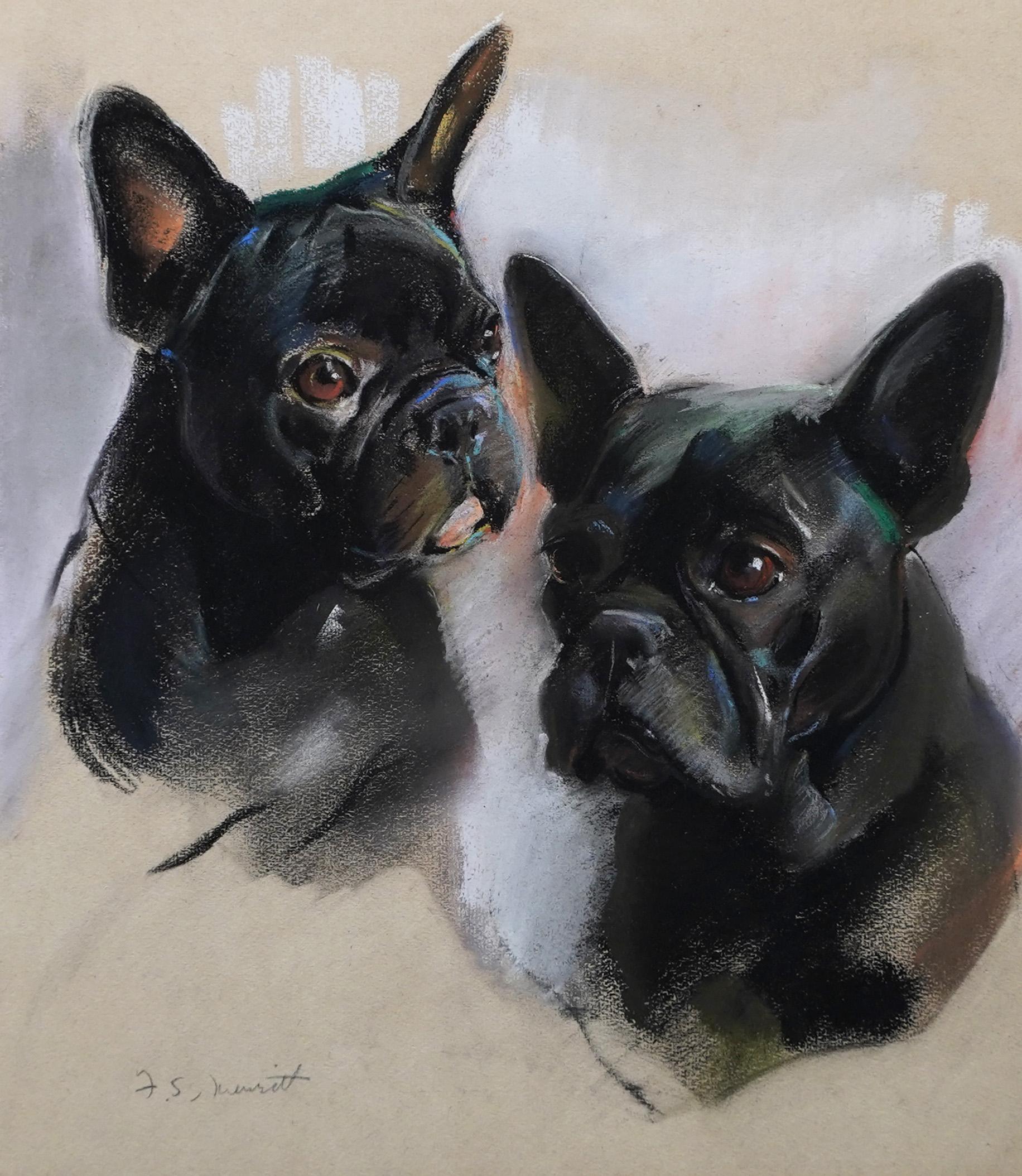 Vintage American school signed french bulldog pastel painting. Pastel on paper.  Framed. Signed illegibly.