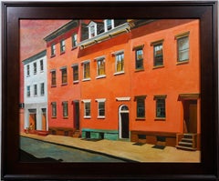 Gerahmtes gerahmtes Gemälde, American School Realist, Reihenhaus-Szene