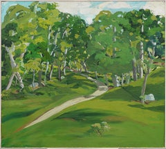 Peinture à l'huile d'été encadrée d'un paysage moderniste américain ancien finement peint