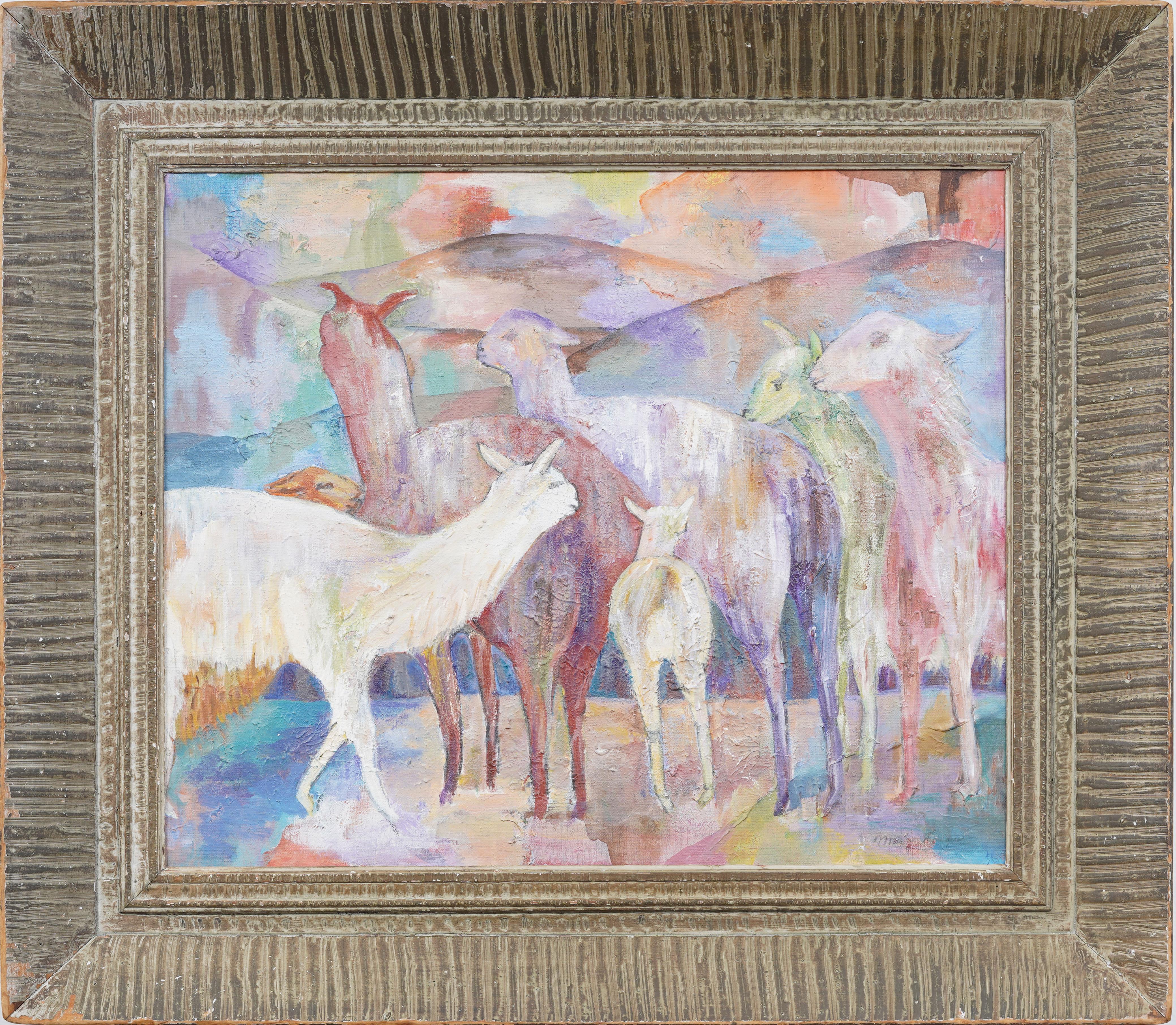Unknown Landscape Painting – Fein gemaltes Fauvist Schaf Porträt Modernist Landschaft Gerahmtes Ölgemälde