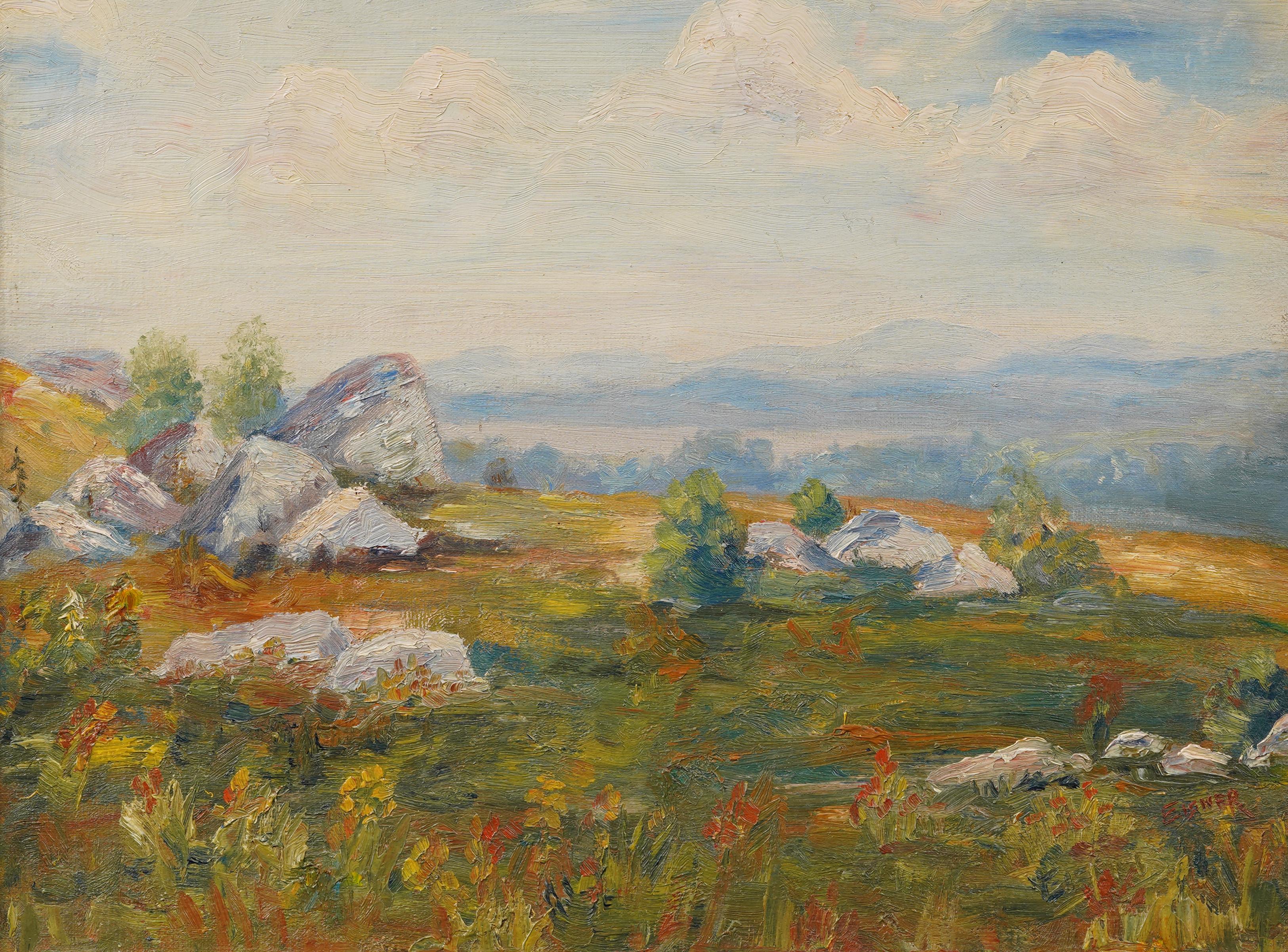 Antiguo óleo de paisaje impresionista americano. Óleo sobre lienzo. Firmado. Enmarcado. Mide 20 por 25 pulgadas en total y 16 por 20 pintado solo.  