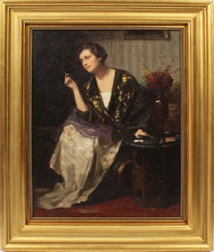 Finely Painted Interior View Woman Smoking Elegant Antique Portrait Oil Painting