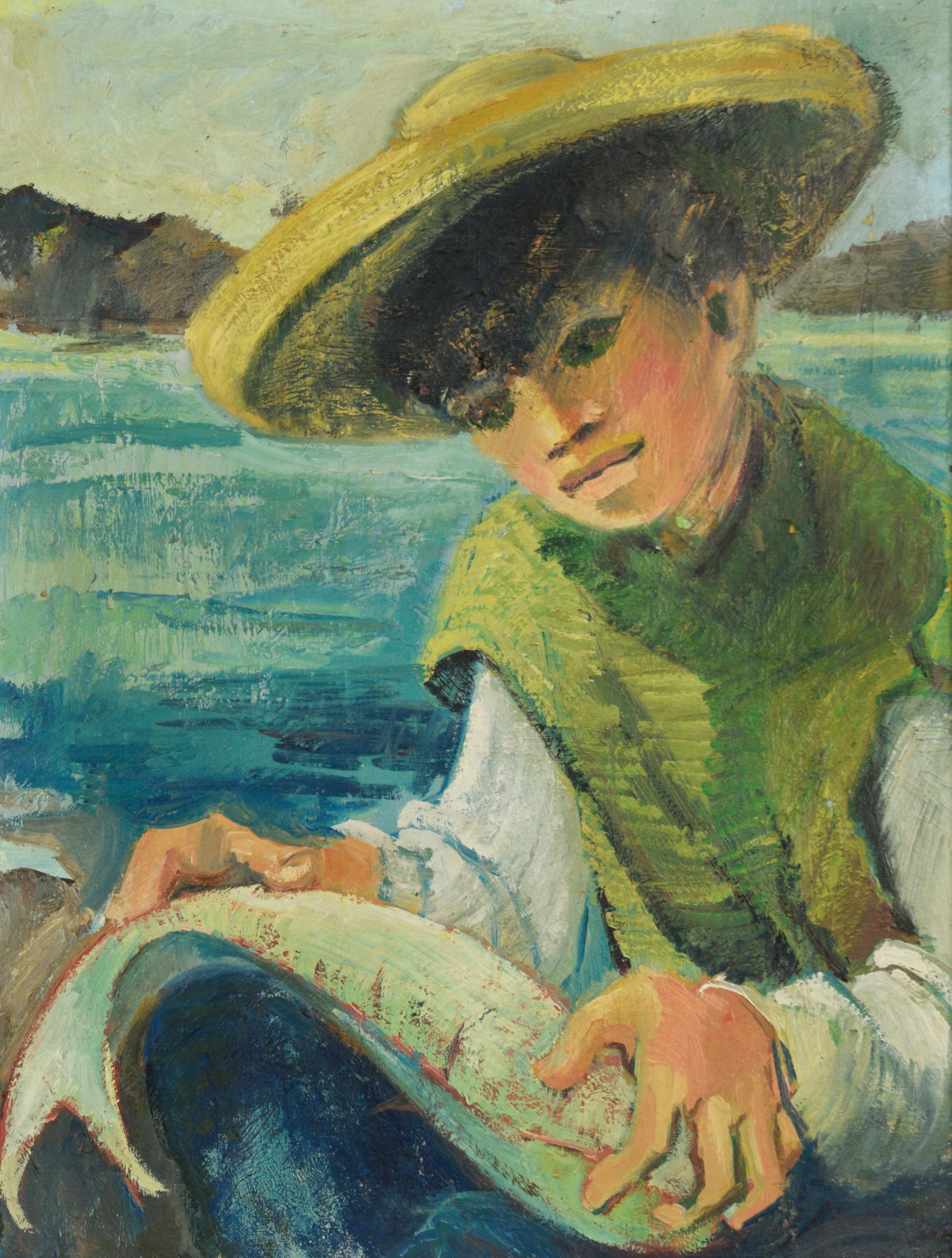 First Catch of the Day - Young Fisherman at Sea by Betty Cal Alumnus - Painting by Unknown