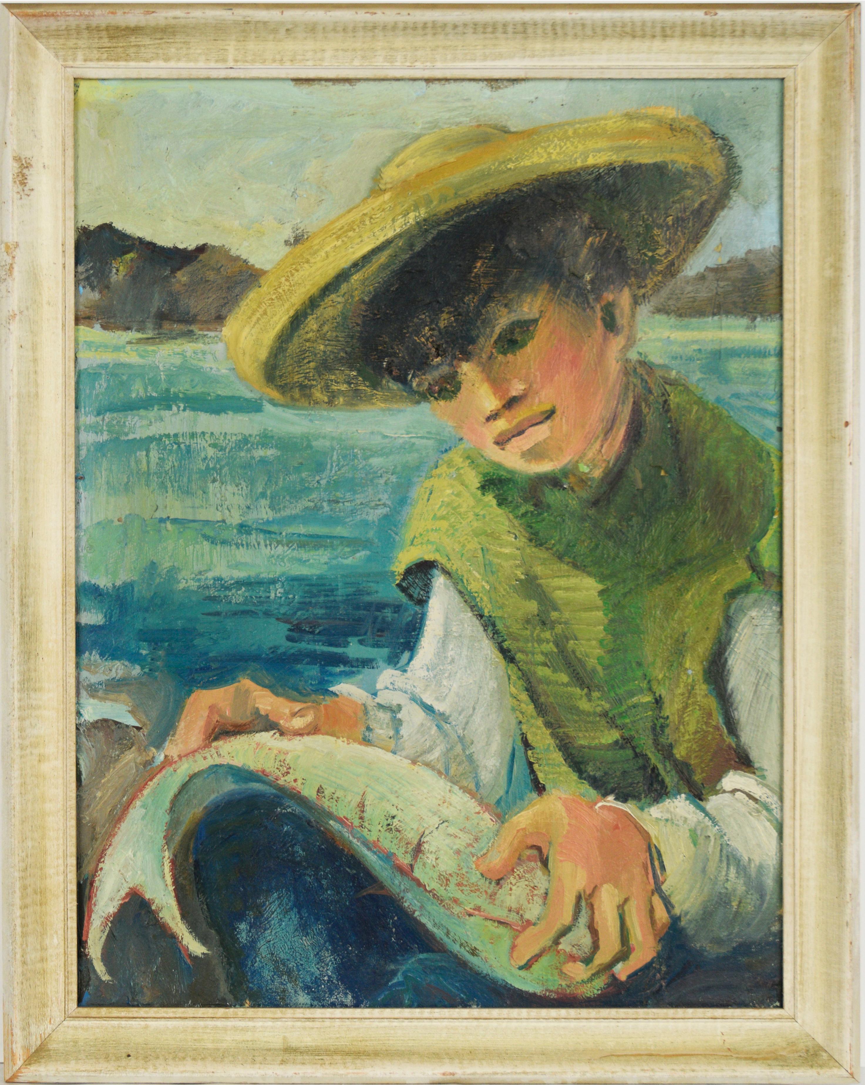 Unknown Portrait Painting – First Catch of the Day – Young Fisherman at Sea von Betty Cal Alumnus