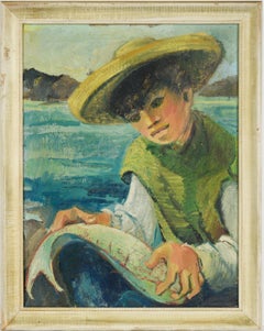 Vintage First Catch of the Day - Young Fisherman at Sea by Betty Cal Alumnus