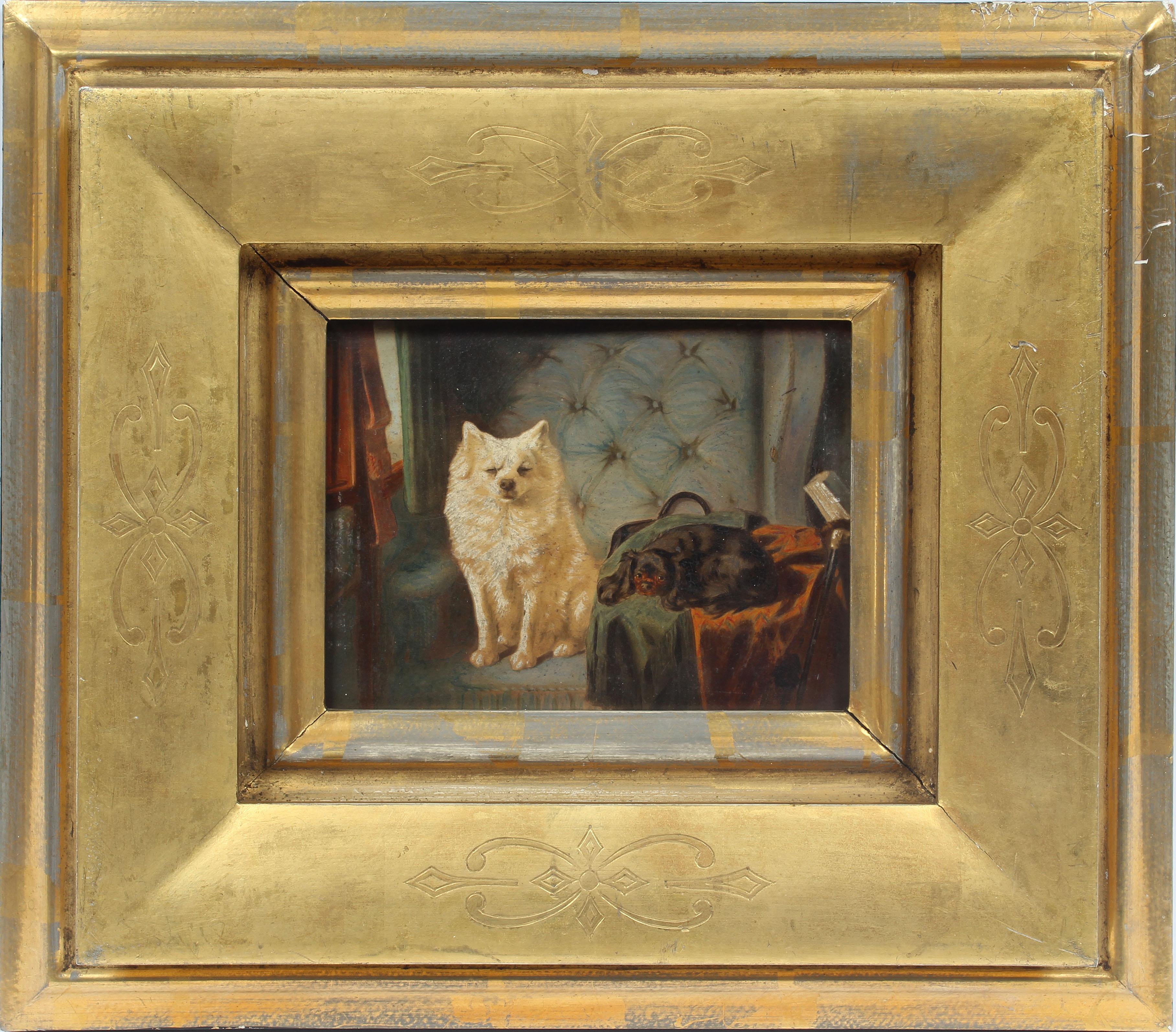 Unknown Animal Painting - "First Class Passengers" Antique Early Animal Dog Portrait Framed  Oil Painting
