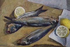 Stillleben mit Fisch und Zitronen, Öl auf Holz, signiert, 1970er Jahre, 53 cm x 38 cm