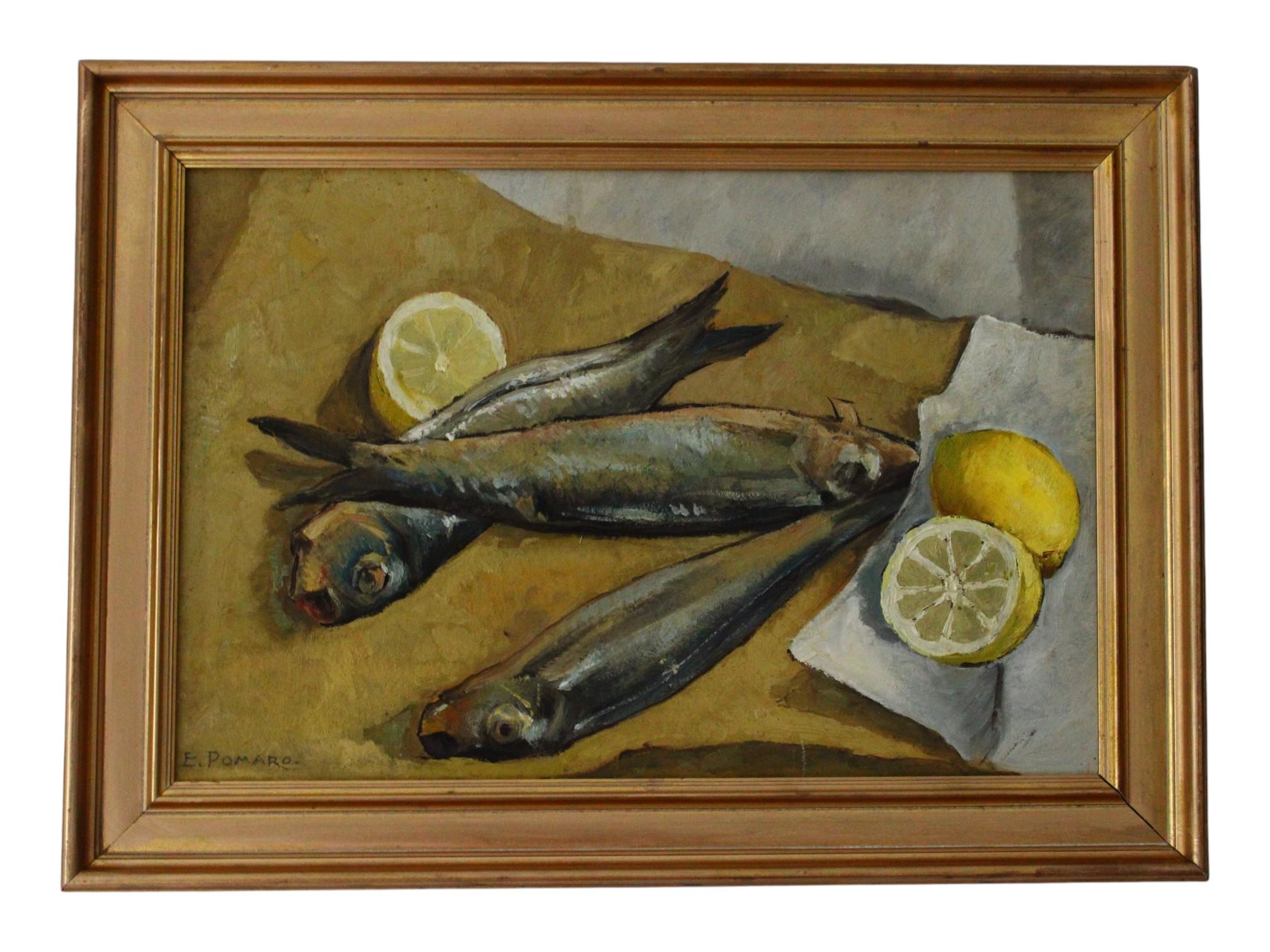 Unknown Still-Life Painting - Fish Painting, Fish and Lemons Still Life Oil Painting, Original French Art
