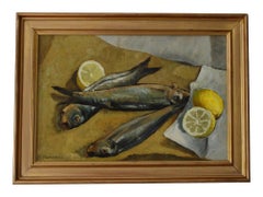 Stillleben mit Fisch und Zitronen, Öl auf Holz, signiert, 1970er Jahre, 53 cm x 38 cm